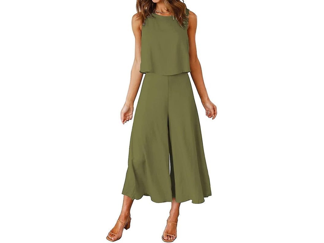 Conjunto de verano de dos piezas para mujer Roylamp 2026: top corto de cuello redondo y pantalones cortos de pierna ancha.