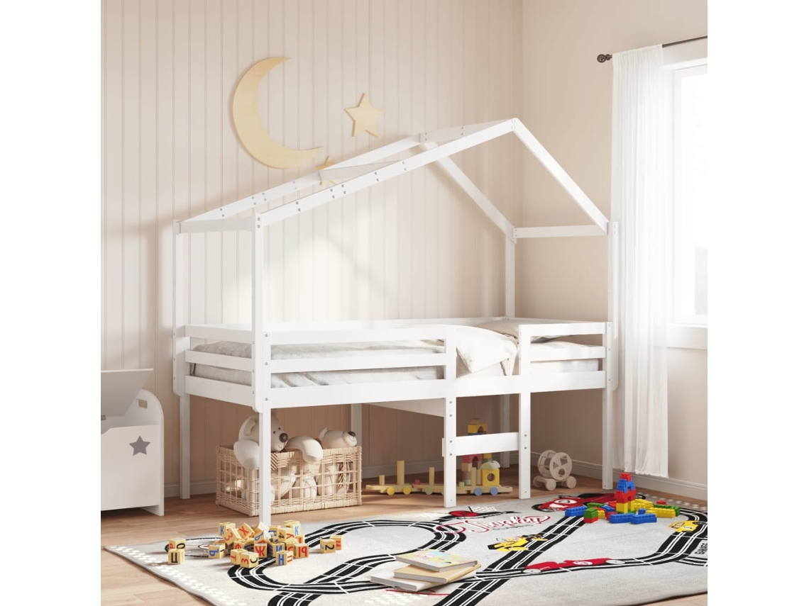 Cama Alta Con Techo Blanca Madera Maciza Pino Blanca 90x200 Cm