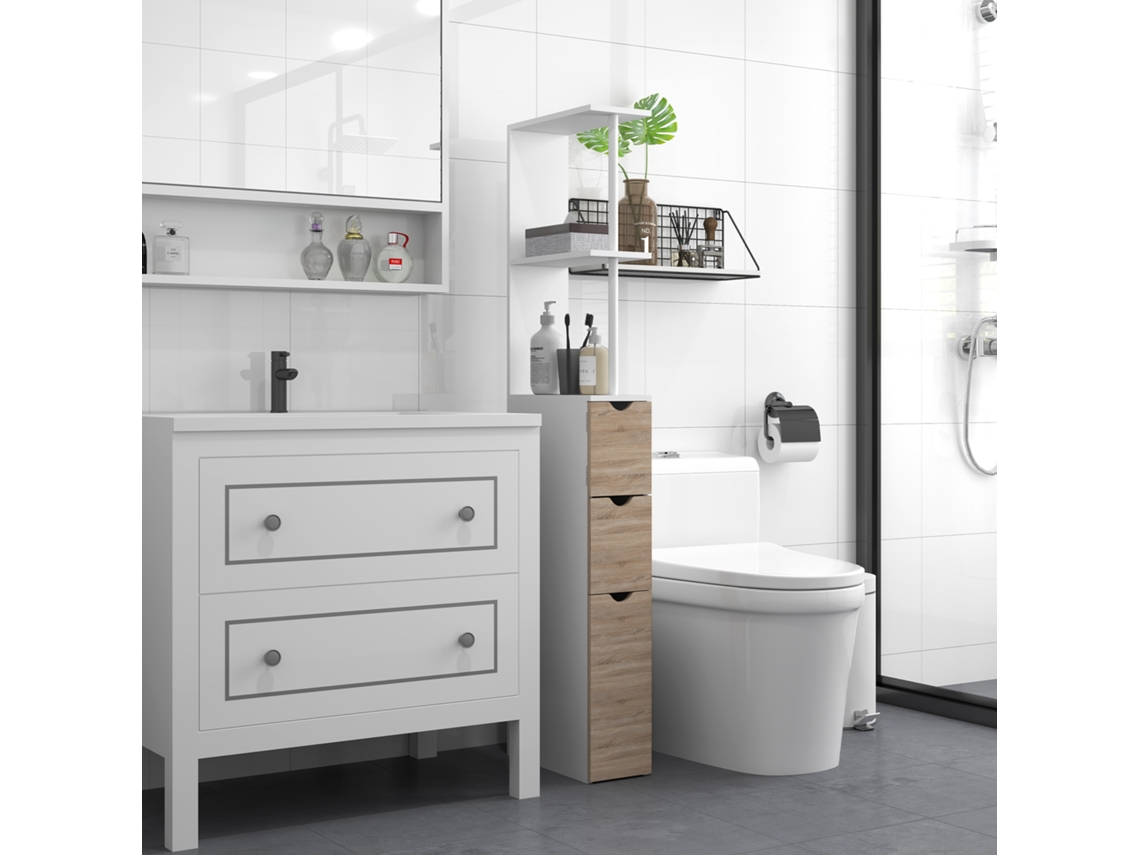 Mueble de baño estilo columna, con cajones y estantes abiertos, 15x33x136,8 cm, blanco.