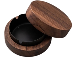 Cenicero Premium Madera Nogal Inox Con Tapa Antiviento Para Interior Exterior Coche Patio