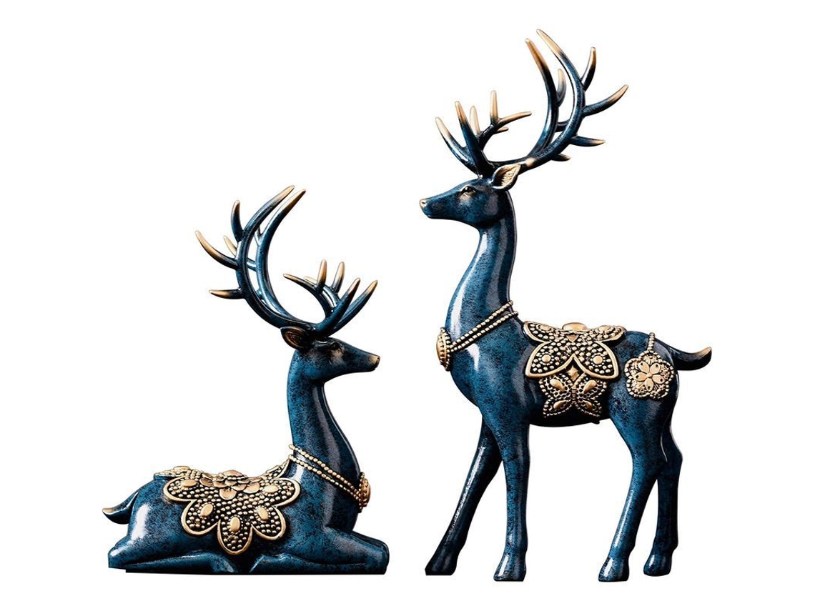 Estatua decorativa moderna de reno navideño de 29 cm (11,5 pulgadas) de resina para sala de estar, estantería, chimenea o mesa (2 piezas)