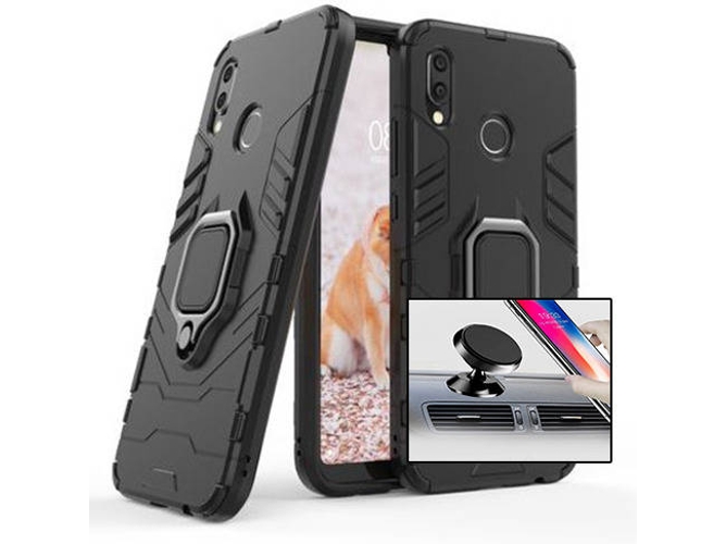 Kit Carcasa y Soporte Magnetico Auto Huawei P20 Lite Military Defender Negro