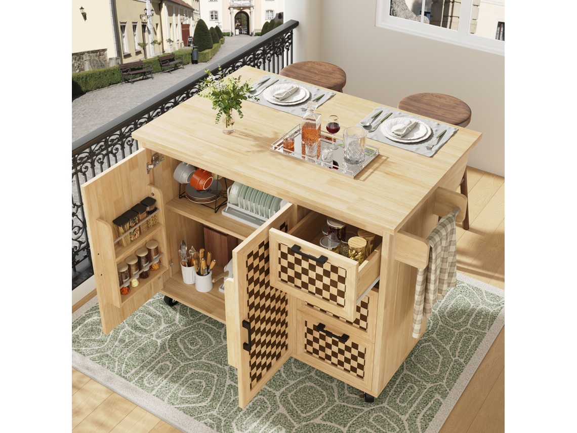 Isla de cocina extensible de 120 cm, diseño de madera.