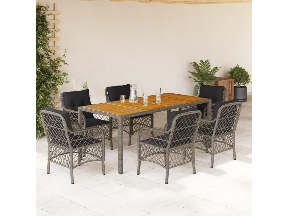 Juego de comedor de jardín de 7 piezas DKD Home Decor con cojines de mimbre gris