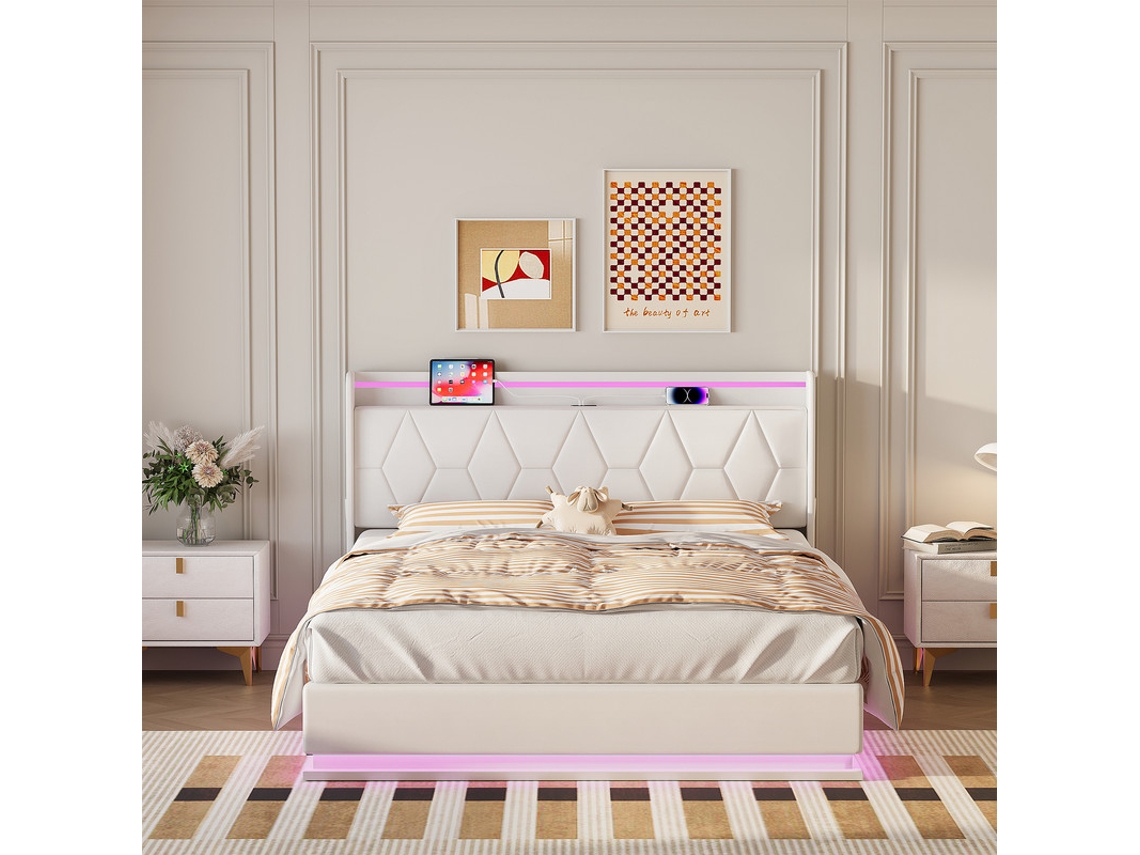 Cama Queen Size Led Con Almacenaje Hidráulico 160x200 Cm - Cabecero Tapizado Blanco Con Luces Rgb Y Usb - Cama Nido Moderna Grande