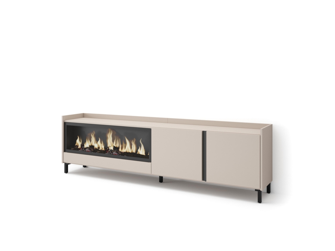 Mueble para TV, 212x35x61cm, para televisores de hasta 80'', chimenea eléctrica XXL, diseño industrial, color beige.