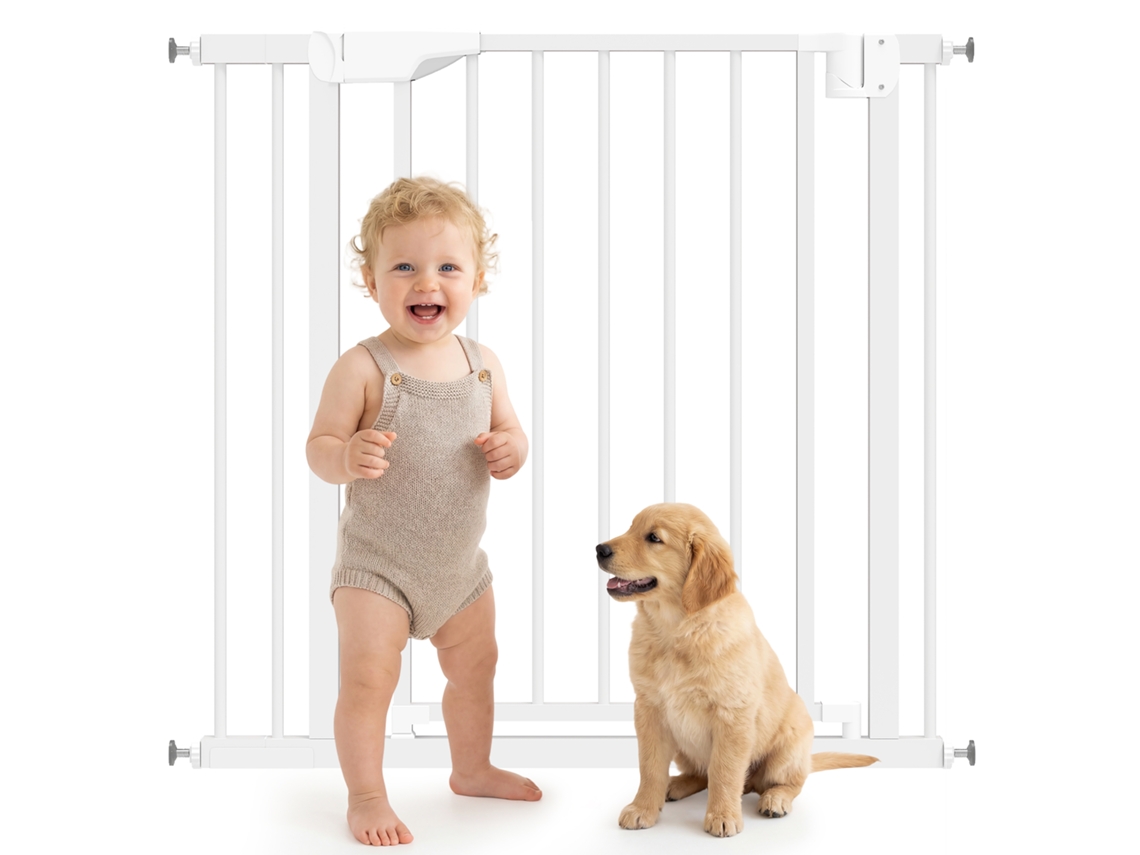 Barrera De Seguridad Para Niños Y Animales, 76-89 Cm, Mecanismo De Doble Cierre, Autoadhesiva, Blanca.