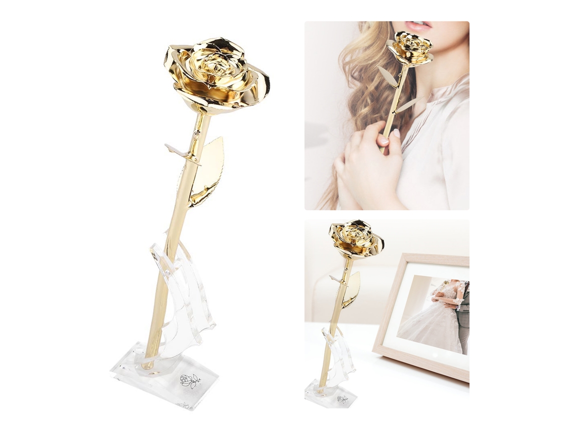 Adorno De Oro Rosa Real Chapado En Oro De 24 Quilates Con Base - Regalo De San Valentín