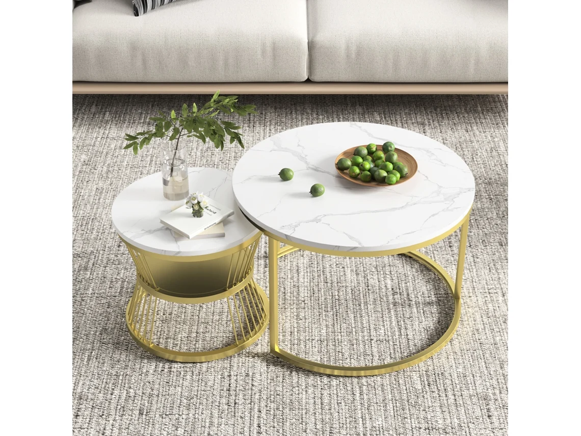 Juego De Mesas De Centro Apilables, 2 Piezas, Efecto Mármol Blanco Con Patas Doradas, Diseño Moderno Y Elegante.