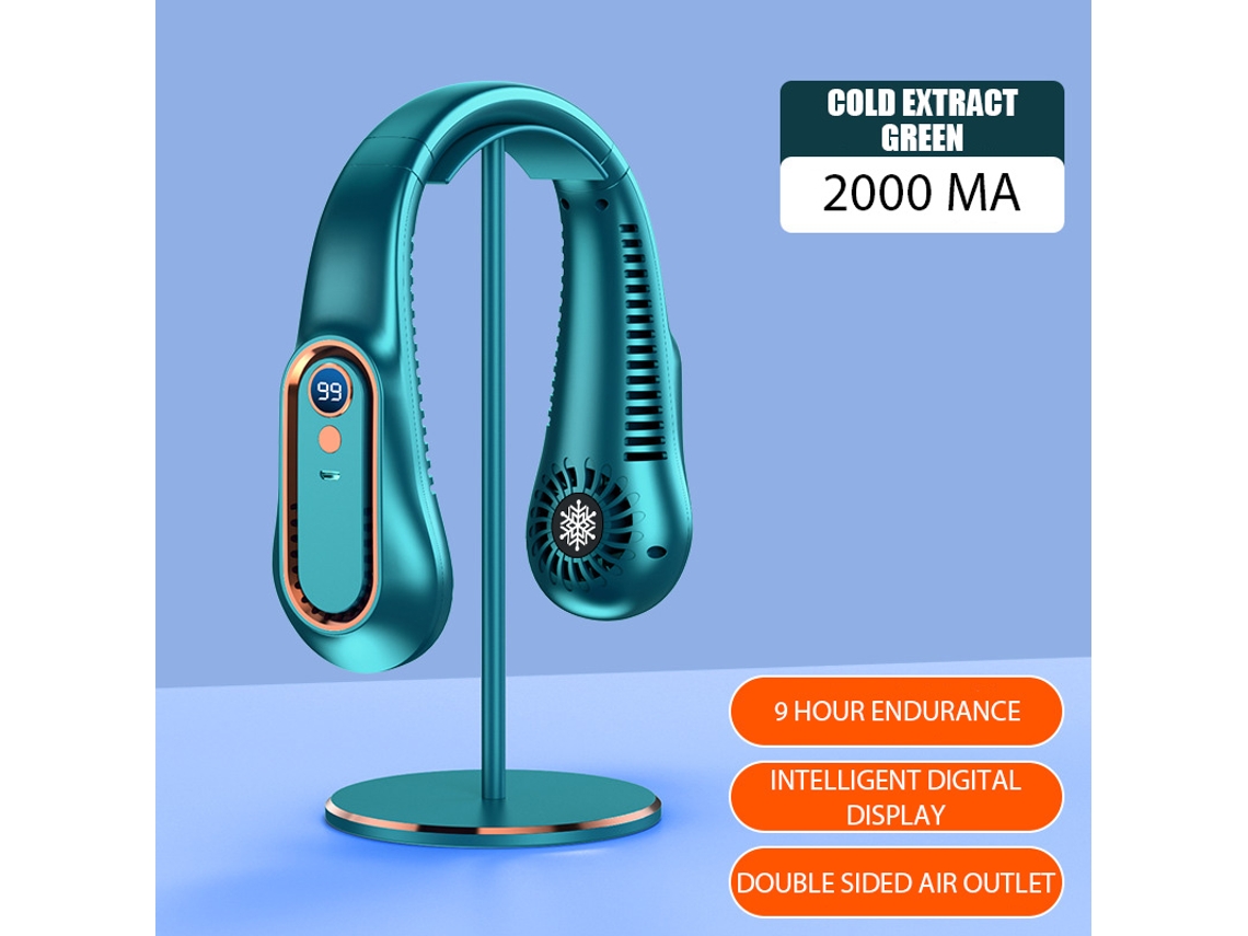 Ventilador de cuello (verde) con pantalla digital, sin aspas, mini refrigerador portátil, recargable por USB.
