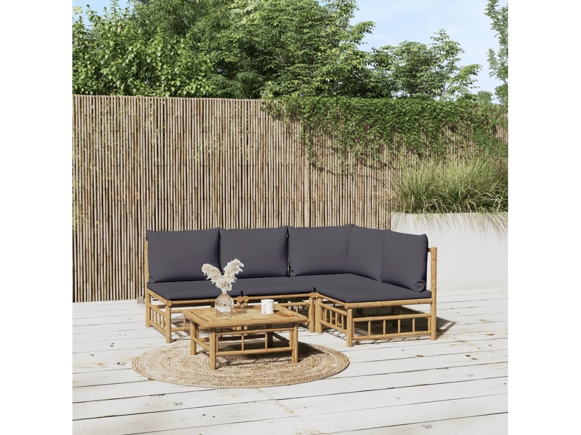 Conjunto de jardín de bambú de 5 piezas con cojines gris oscuro, Dkd Home Decor