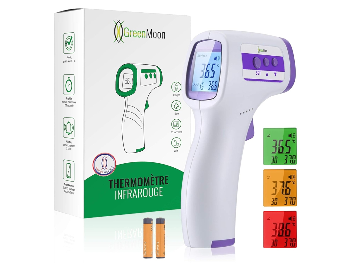 Termómetro de frente con tecnología infrarroja sin contacto que garantiza una medición precisa de la temperatura. Retroiluminación LCD inteligente con alarma de fiebre.