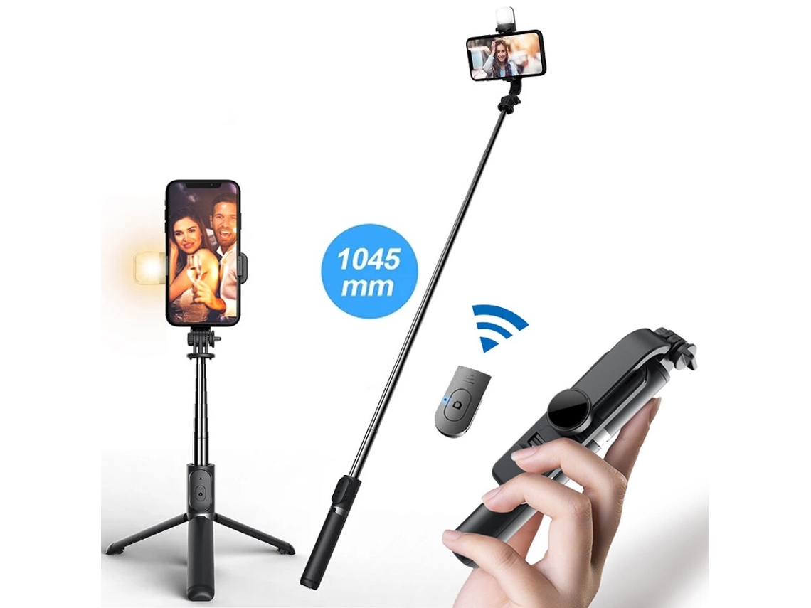 Mini palo selfie Bluetooth con luz LED y trípode portátil para celulares. Mdug