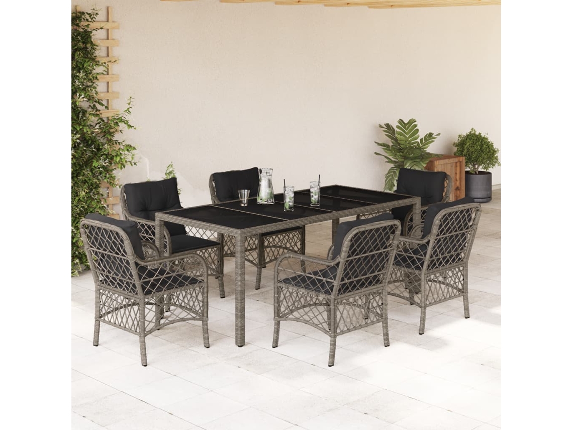 Juego de comedor de jardín de 7 piezas DKD Home Decor con cojines de mimbre gris