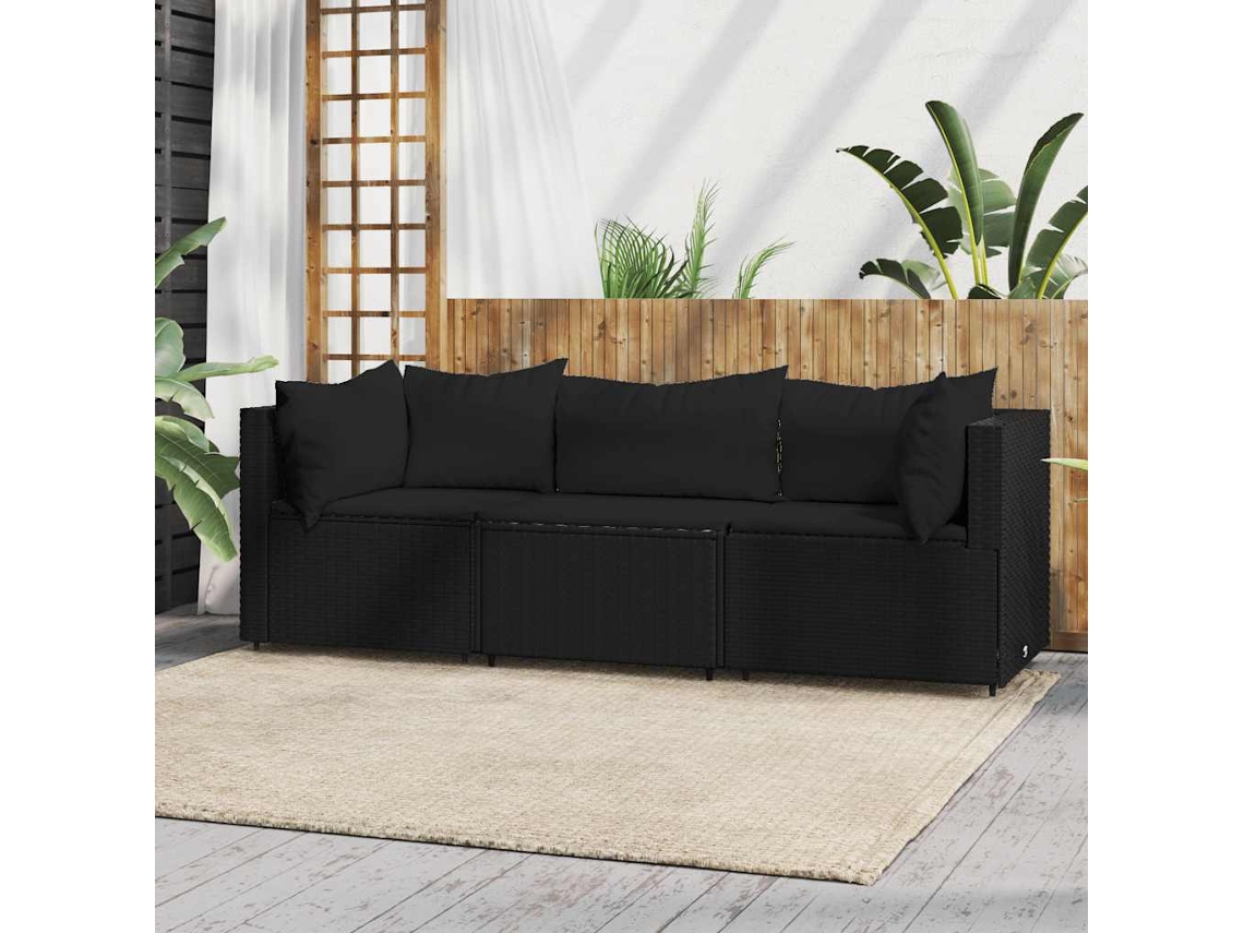 Conjunto de jardín de 3 piezas con cojines, mimbre sintético negro, DKD Home Decor