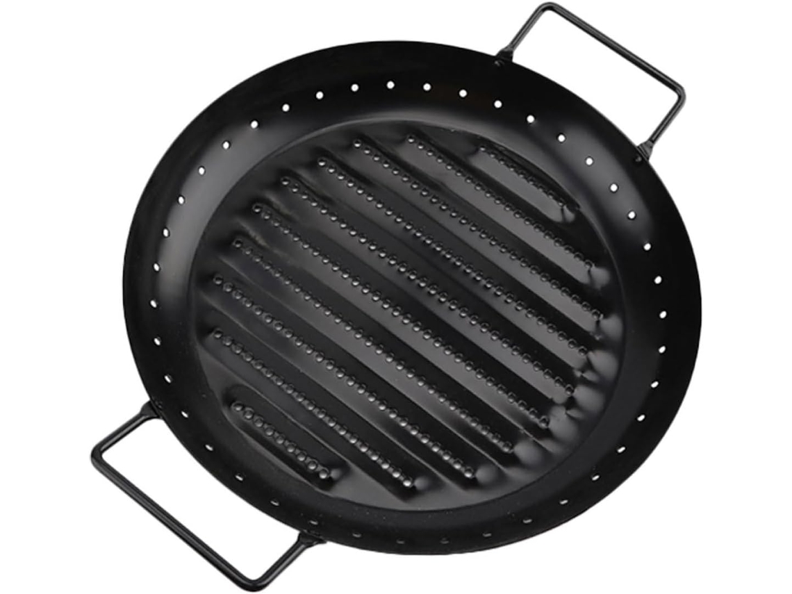 Sartén Parrilla Redonda Negra De Acero Al Carbono Con Revestimiento Antiadherente Y Dos Asas. Distribución Uniforme Del