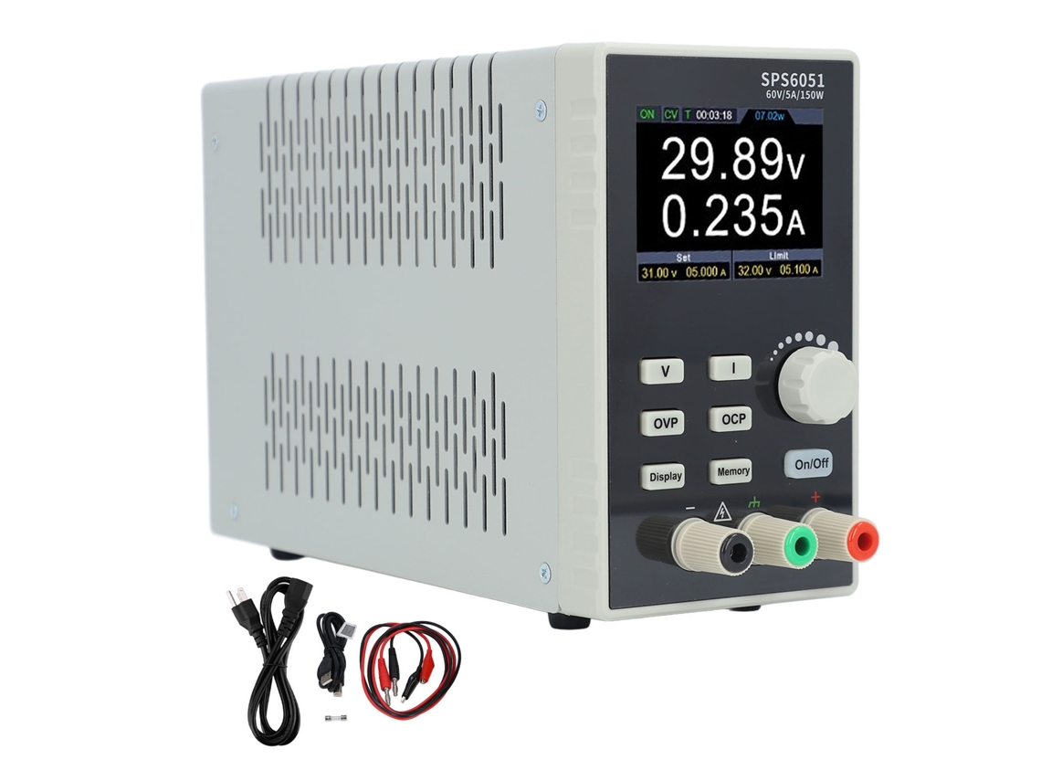 Fuente de alimentación de CC programable de 60 V y 5 A con pantalla LCD y conector USB.
