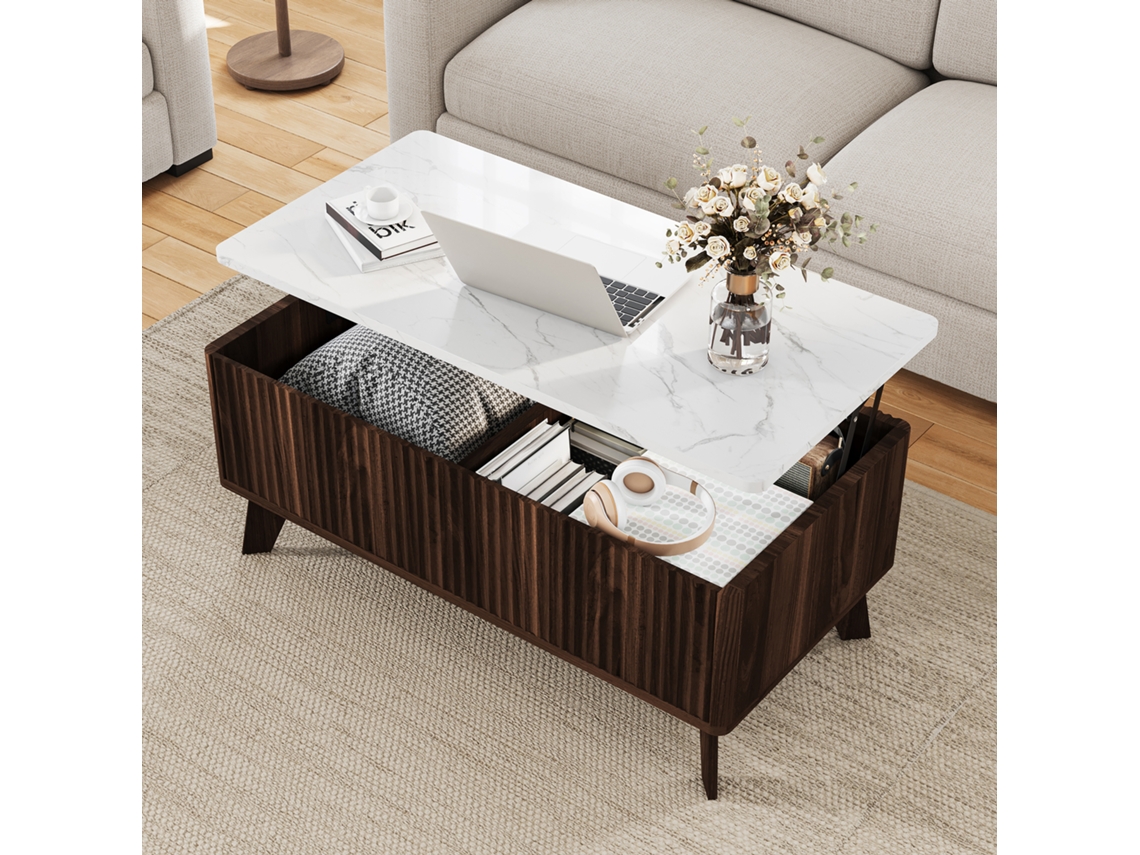 Mesa De Café Con Estantería, Mesa Rectangular Multifuncional Con Almacenamiento Oculto, Regulable En Altura Para Sala De Estar, 105x53x42cm