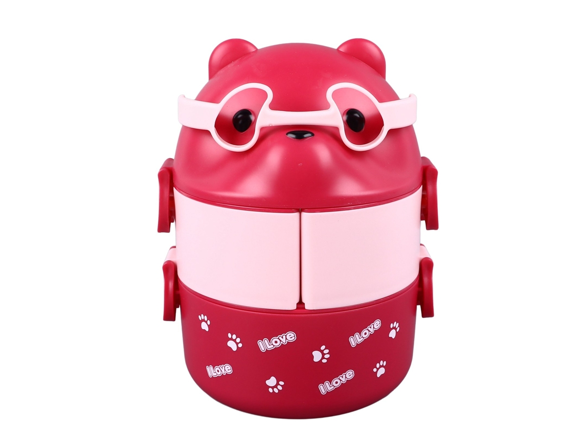 Caja bento portátil, reutilizable e impermeable de 2 capas Pink Bear para la escuela y el camping