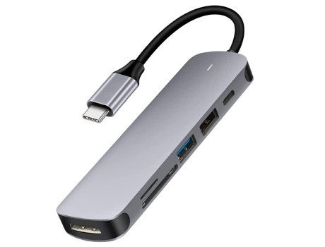 Concentrador USB C, adaptador multipuerto USB C 6 en 1 con HDMI 4K, puerto USB 3.0 y 2.0, lector de tarjetas SD/TF, gris BISBISOUS