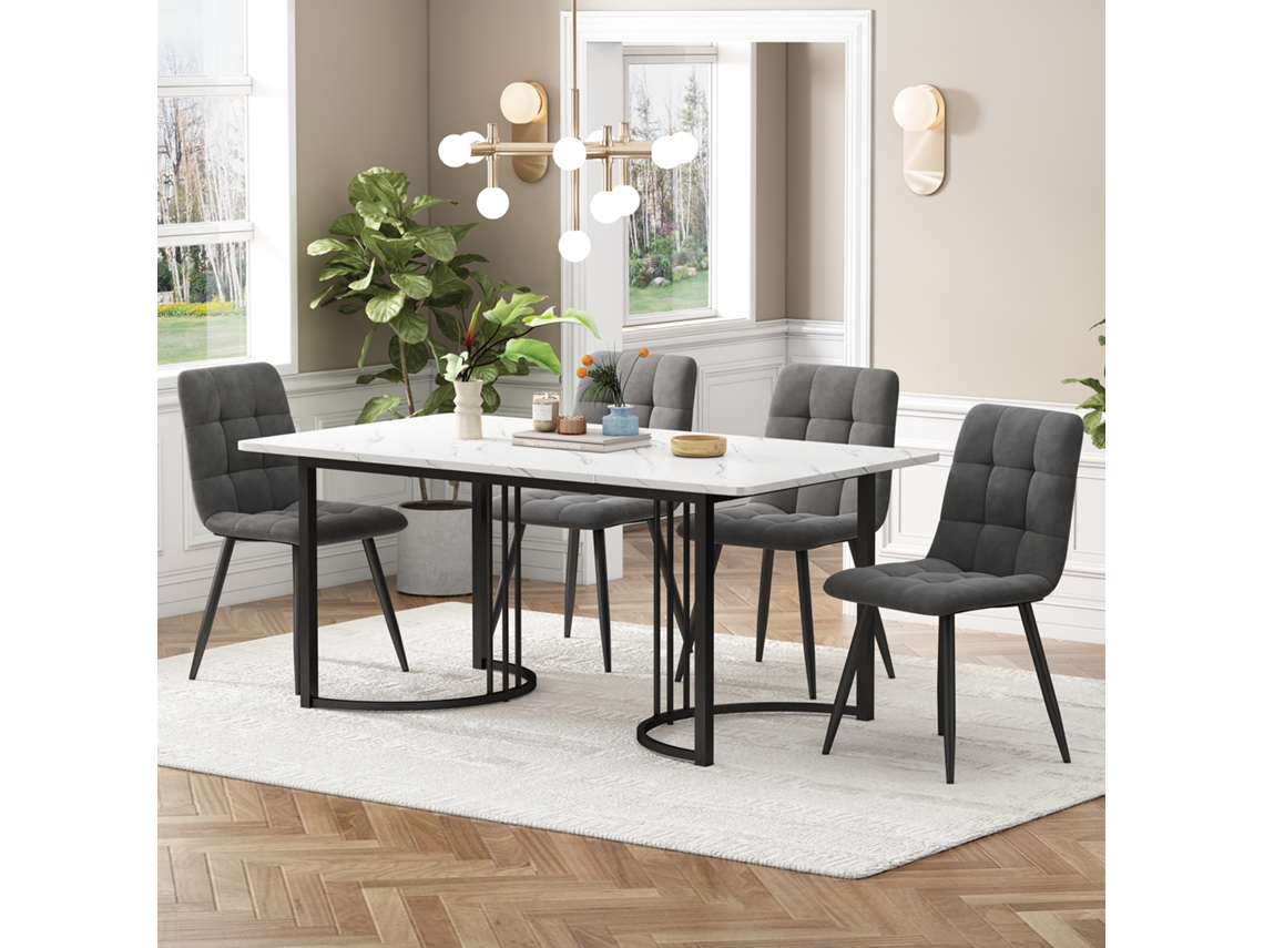 Juego De Comedor 5 Piezas, Mesa 140×80 cm Con 4 Sillas De Terciopelo Gris Oscuro, Tapa Mdf Blanca, Patas De Metal
