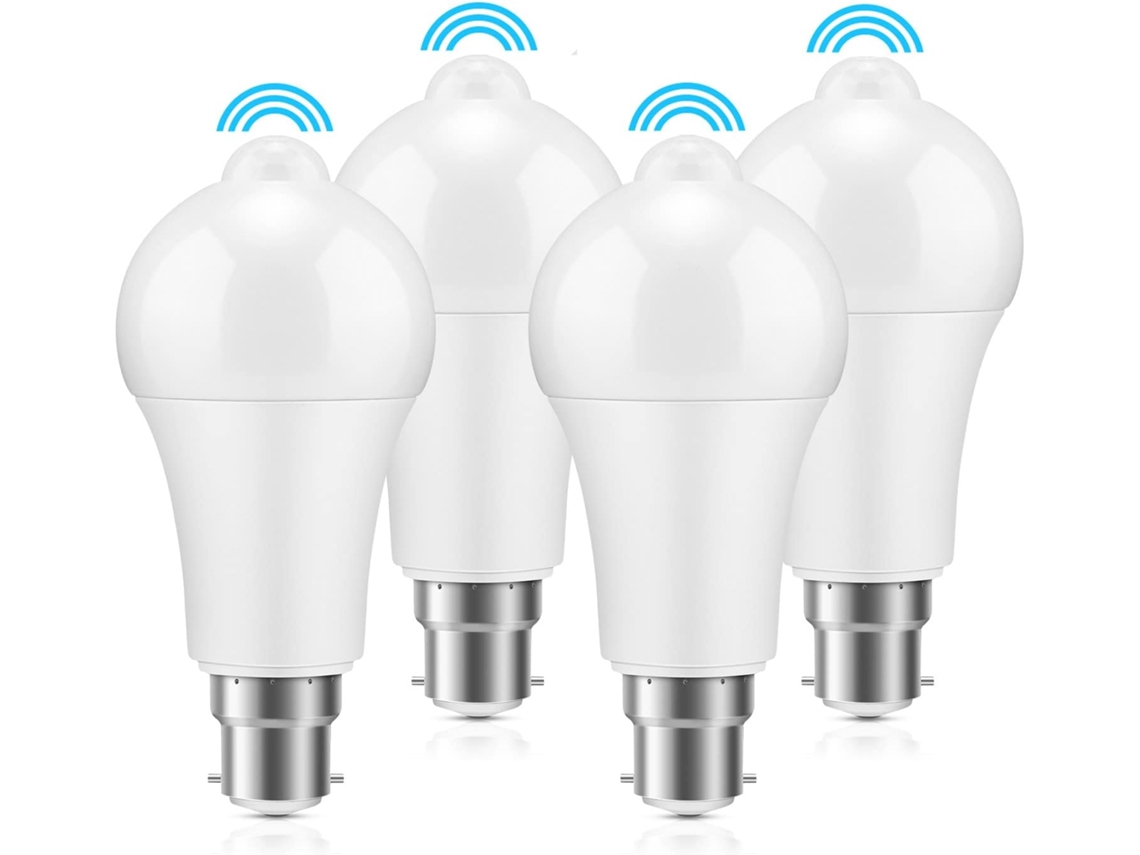 Lámpara LED con sensor de movimiento, paquete de 4 bombillas de 12 W con casquillo de bayoneta, luz blanca fría 6000 K Nicecee