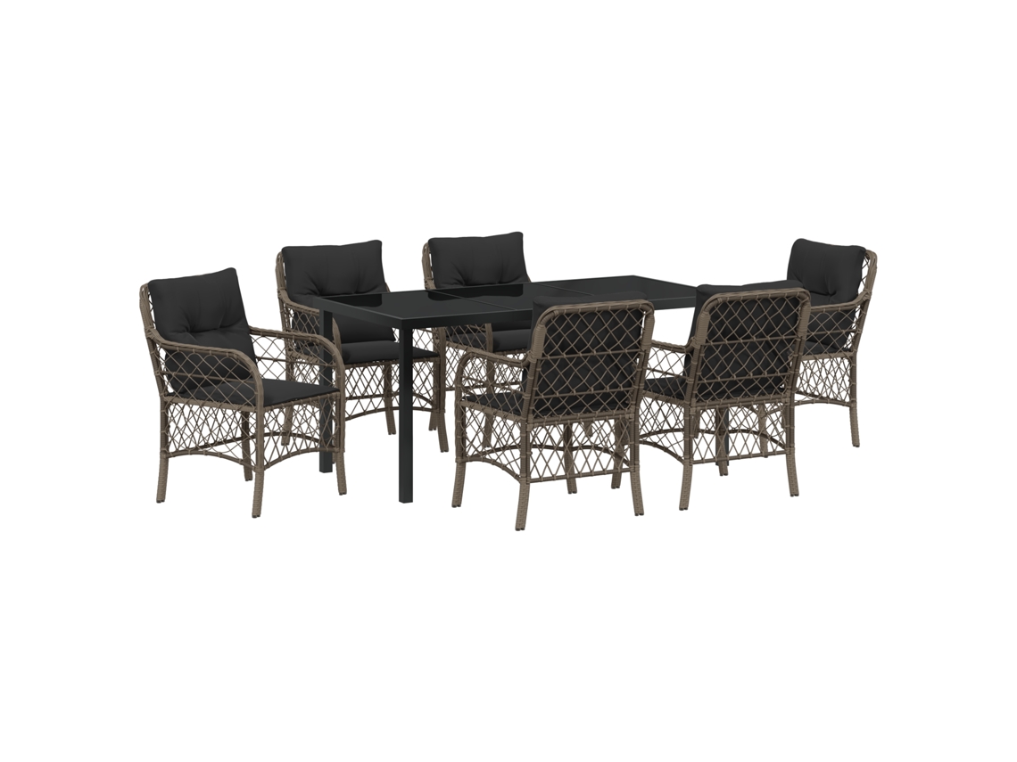 Conjunto de comedor de jardín VidaXL de 7 piezas con cojines en ratán y poliéster, gris