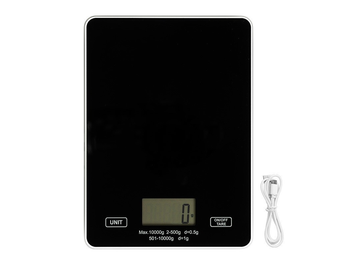 Báscula de cocina USB, vidrio templado, pesa hasta 10 kg, ideal para alimentos y repostería, color negro. Sfushos