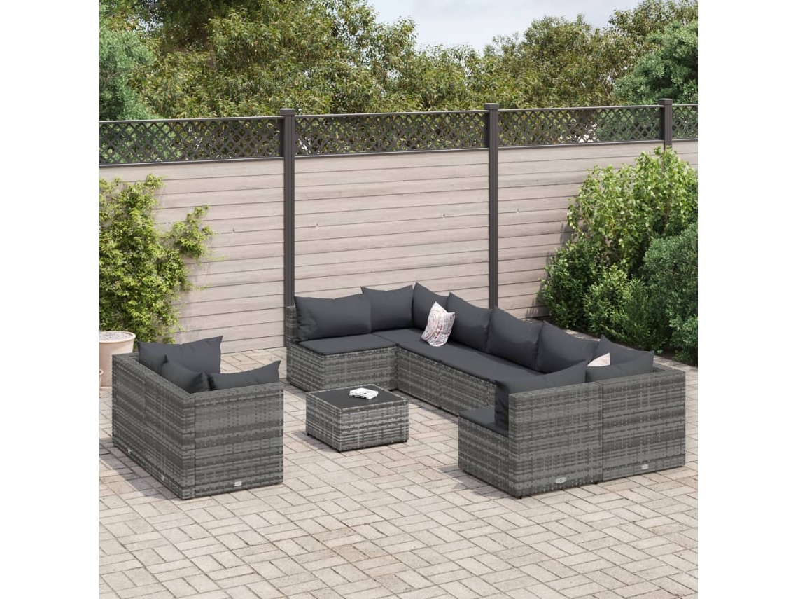 Conjunto de sofá de jardín de 10 piezas con cojines, ratán gris, DKD Home Decor