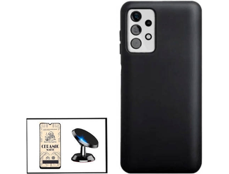 Kit Cristal Templado CeramicGlass Full Cover, Funda Silicona y Soporte Magnético de Coche Samsung Galaxy A32 5G PHONECARE Negro