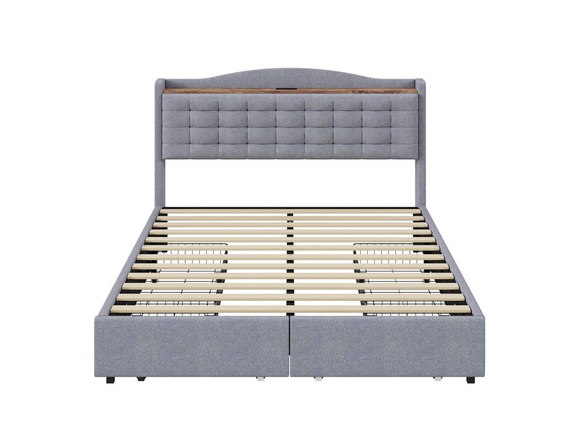 Cama de lino para adultos de 140 x 200 cm - Con puerto USB y 4 cajones - Estructura de láminas - Gris claro