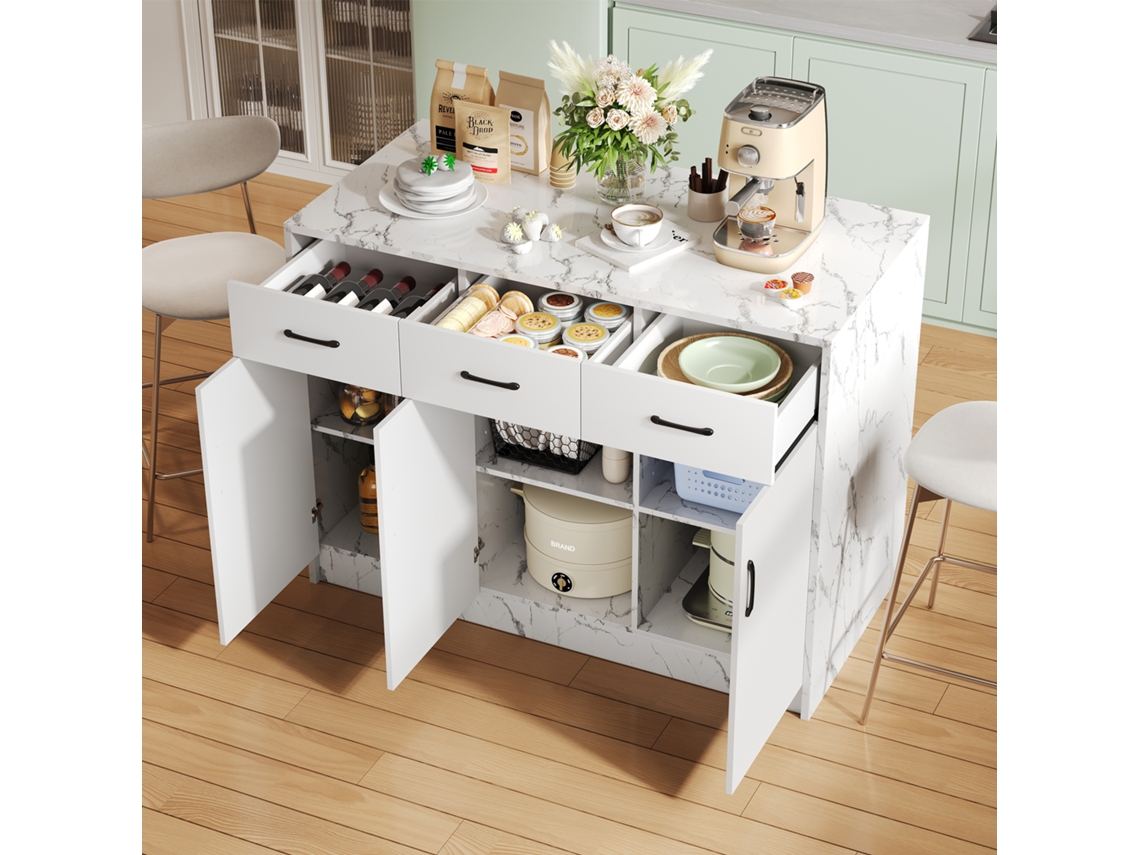 Gran Isla De Cocina 120x60x90,5 cm, 3 cajones y 3 puertas, diseño mármol blanco, asientos regulables, cajones silenciosos Zkaka