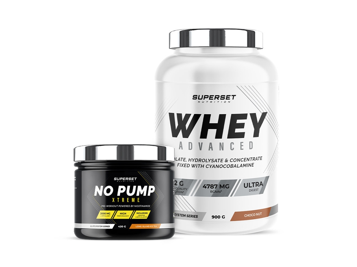 Programa de Energía Fitness 100 Whey Advanced Protein 900 g Chocolate Nut No Pump Xtreme Long Island Icetea Superset Nutrition