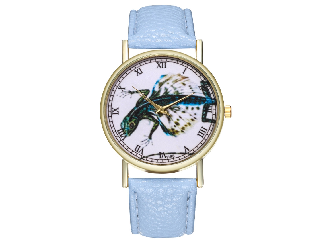 Reloj Unisex Informal De Cuarzo Con Forma De Lagarto Volador Y Correa De Cuero Azul Claro.