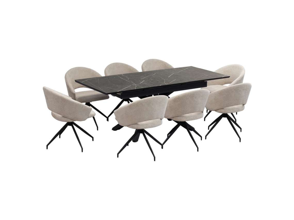 Conjunto De Mesa De Comedor Extensible Y 8 Sillas Taylor Jane - Mesa En Melamina Negro Mármol 200-160 X 90 Cm Con Sillas En Tejido Beige - Mog Casa