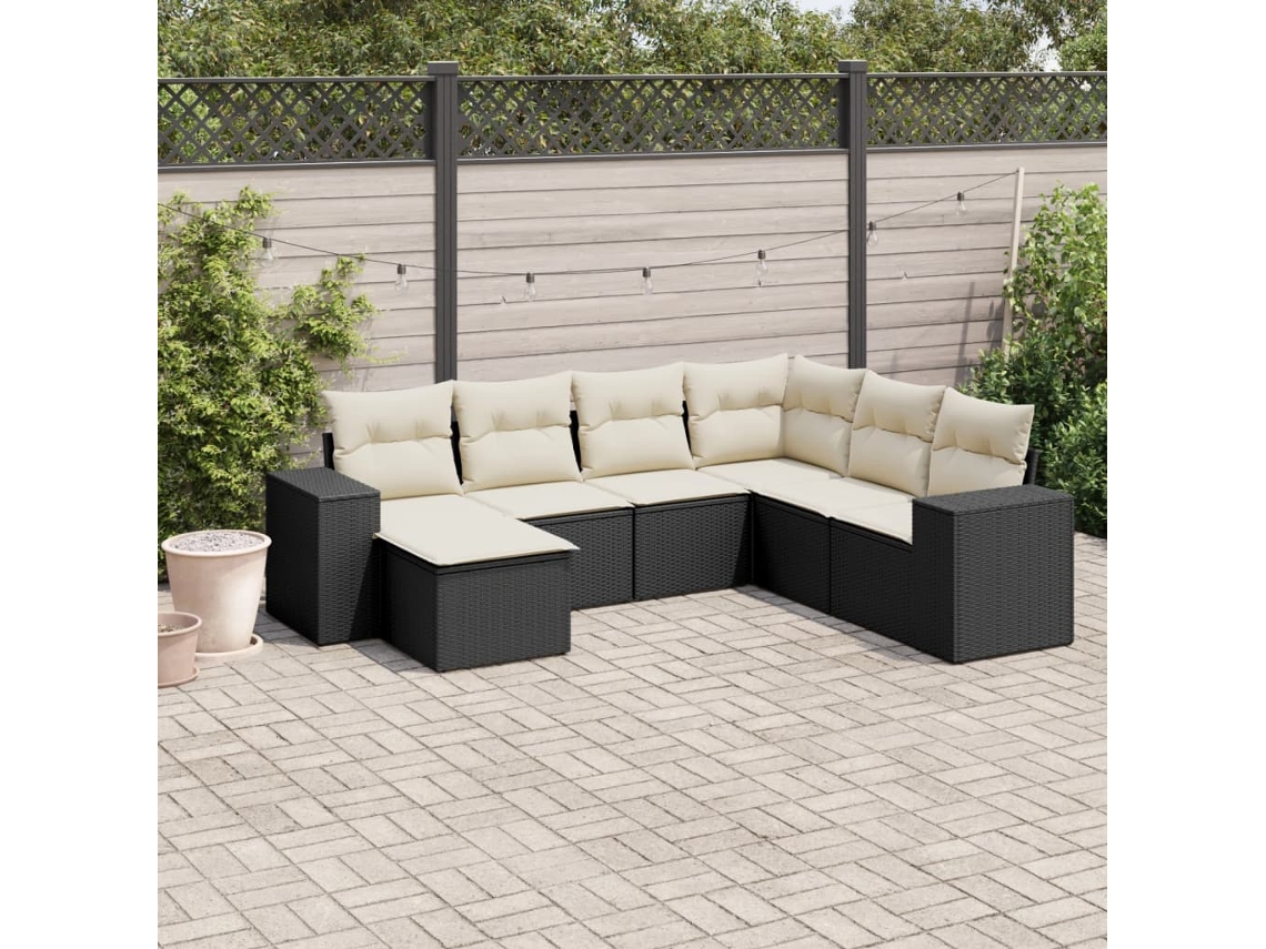 Conjunto de sofá de jardín de 7 piezas con cojines, ratán negro, Dkd Home Decor