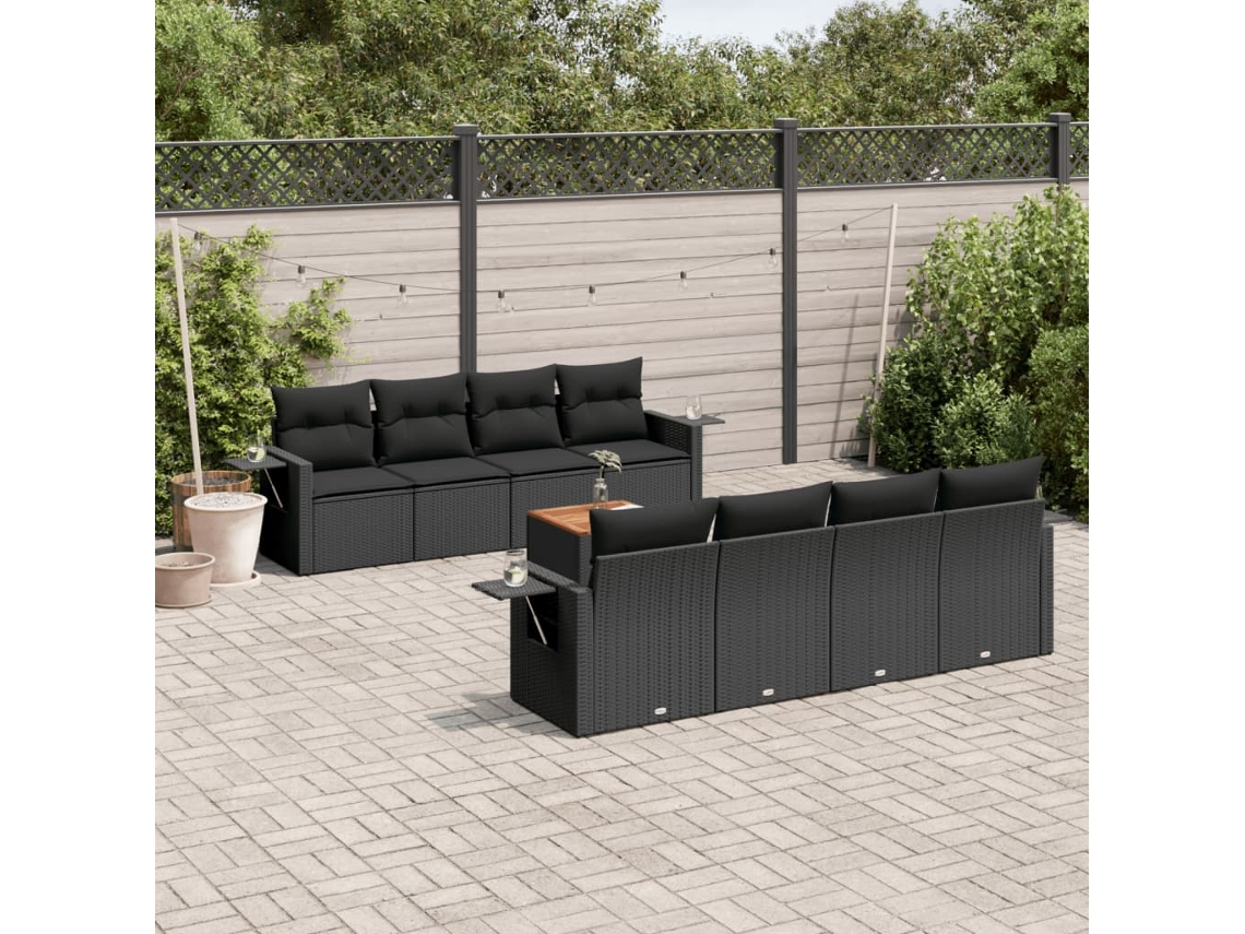 Conjunto de sofá de jardín de 9 piezas con cojines, ratán negro, Dkd Home Decor