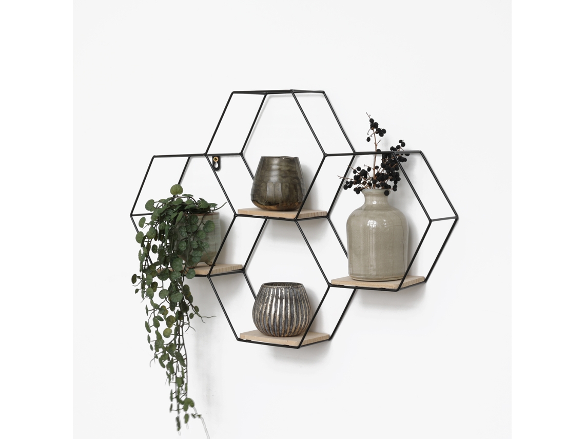 Estantería De Pared Hexagonal Cuádruple De Metal - 40,5 X 58 Cm - Negra