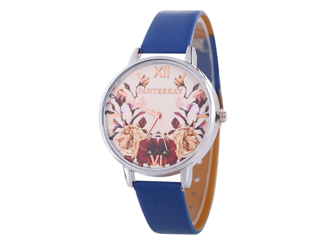 Reloj De Pulsera Informal De Estilo Coreano Con Estampado Floral Y Correa De Cuero Azul.