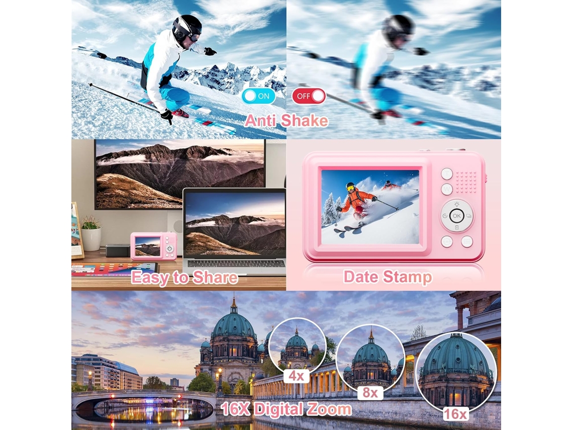 Cámara digital compacta portátil de resolución HD de 48 MP con tarjeta de 32 GB color rosa Cuich
