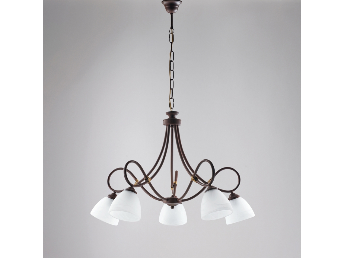 Lámpara de araña Dallas de hierro lacado en negro con efecto óxido Deco y acabado dorado antiguo con difusores de cristal D. 13 Alabastro blanco 5 luces Belight