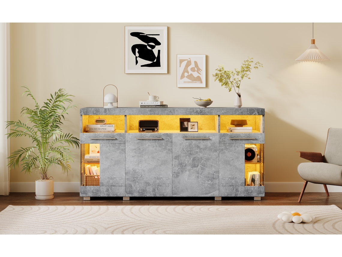 Aparador moderno con LED, 4 puertas y 9 compartimentos, MDF, cristal templado transparente, gris Mobrio