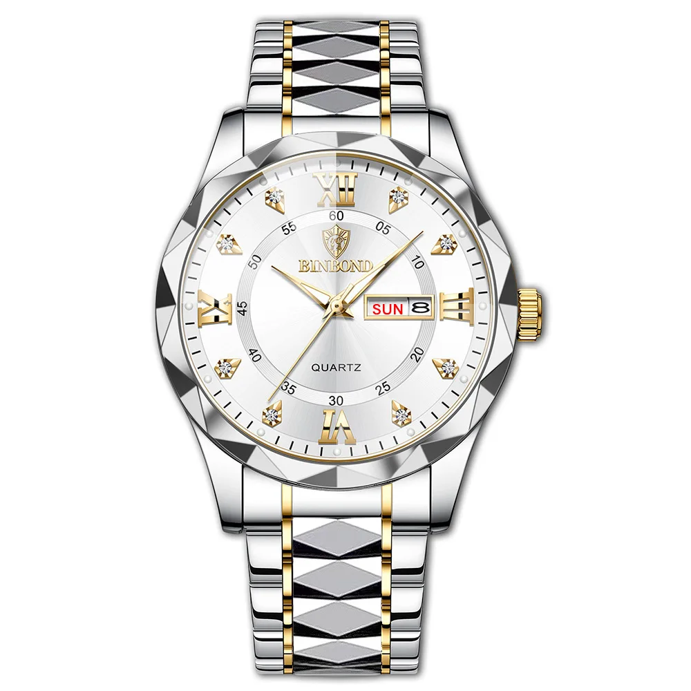 Reloj Deportivo Para Hombre, Resistente Al Agua, Con Indicador De Día Y Fecha (correa Dorada Y Plateada, Esfera Blanca).