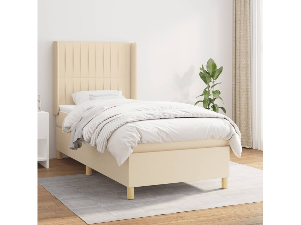 Cama Box Spring Con Colchón Tela Color Crema 90x200 Cm