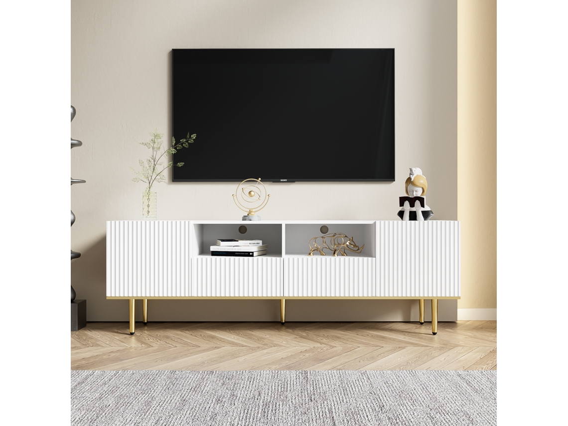 Mueble De Tv Moderno Con Patas Y Detalles Dorados. Descripción