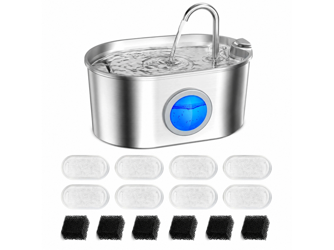 Kit De Bebedero Para Mascotas 304 Inox 2.2l + 8 Filtros Silenciosos Filtro Usb Gato Perro