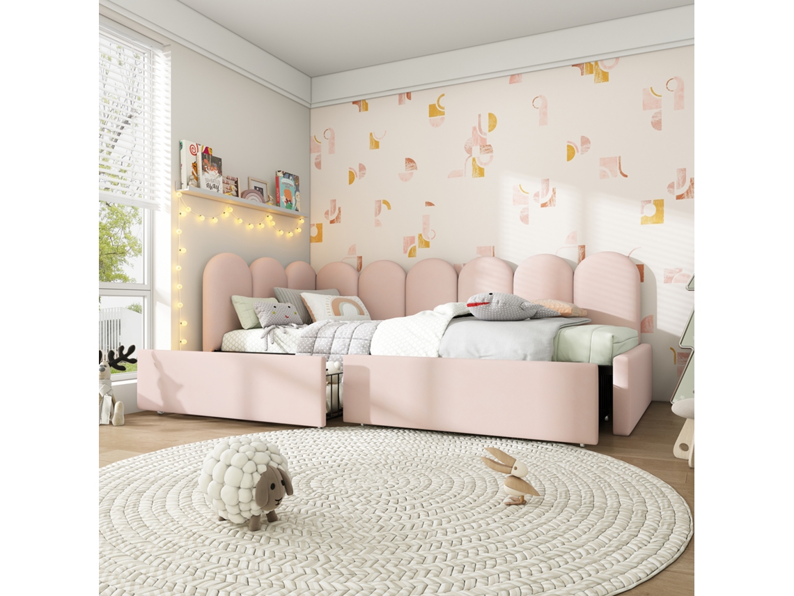 Sofá cama con 2 cajones - Terciopelo - 90x190 cm - Con somier - Rosa