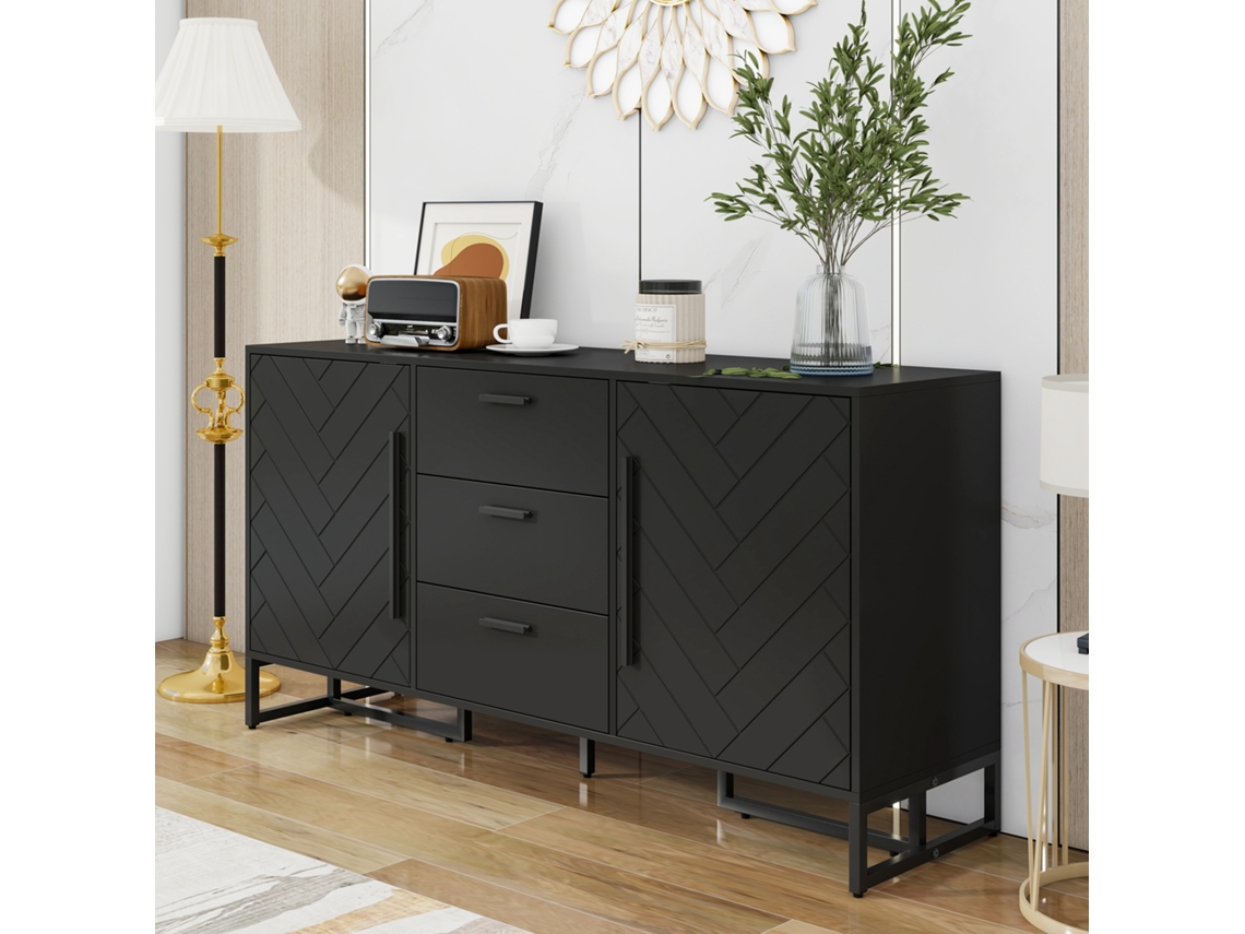 Aparador negro con diseño de espiga de QINGYU TECH, 2 puertas y 3 cajones