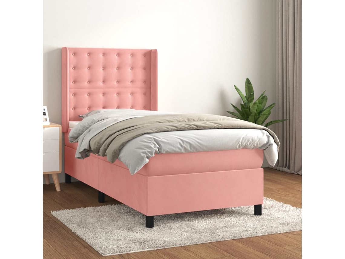 Cama Box Spring Con Colchón Terciopelo Rosa 80x200 Cm