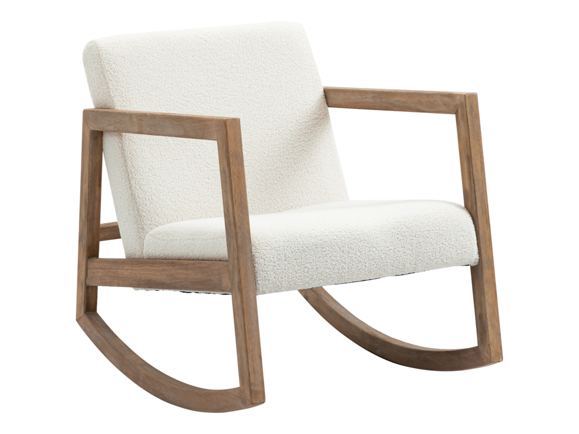 Mecedora reclinable con estructura de madera, braseada, estilo lounge, madera de caucho, color blanco crema